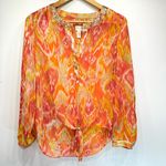 Chico's Chico’s Summer Ikat in Watermelon Fizz Sheer Knot Front Top Sequins & Buttons Photo 3