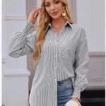 NEW Shirred Cuffed Striped Boyfriend Shirt Button down Long Sleeve Oversized L Blue Size L Photo 3