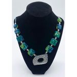 Chico's  blue and green chunky stone necklace silver medallion centerpiece Photo 5
