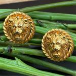 Head Vintage Unsigned Lion  Roaring Lion Gold-tone Pierced Earrings Photo 0