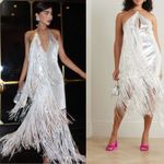 Rotate Birger Christensen Sequin Metallic Fringe Sleeveless Dress Silver Size 10 Photo 6