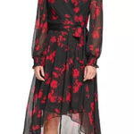 DKNY  Floral Long Sleeve Faux Wrap Dress Black Red Metallic 6 Photo 0