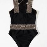 SheIn Black and Gold One Piece Swimsuit with High-Cut Leg Photo 2