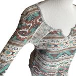No Boundaries Womens  Bohemian Waffle Knit Split Neck Tribal Print Top - Sz L Photo 1