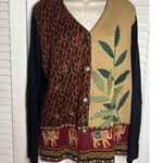 Vintage 80s Ronnie Salloway Cardigan Animal Print Elephant Knit Boho Sweater XL Brown Photo 0