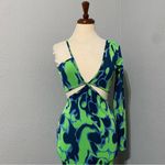 ZARA Green Asymmetric Jacquard V-Neck Dress Size M Spaghetti Strap One Sleeve Photo 8