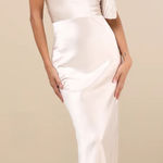 Lulus NWT‎  Inspire Romance Champagne Satin Cowl Neck Lace-Up Maxi Dress Small Photo 0