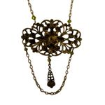Vintage Czech Brass Filigree Necklace with Yellow Glass Cabochon & Chain Drop Photo 6