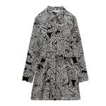 ZARA Cotton Floral Button Up Collared Long Sleeve Mini Dress In Black/White Photo 2