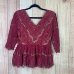 Maeve Burgundy Peplum Lace Blouse with 3/4 Sleeves Photo 4