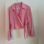 ZARA  Pink Linen Wrap Crop Top Blouse Tie Waist Long Sleeve Women’s Size L Photo 3
