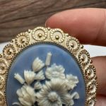 Western Germany Blue Floral Arrangement Cameo Brooch Pin Gold Tone Vintage Photo 4