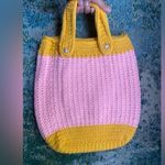 Vintage handmade crochet pink flower button tote Yellow Photo 3