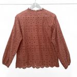 ZARA  Premium Denim Eyelet Top S Coral Pink Cotton Balloon Sleeve Scalloped Photo 3