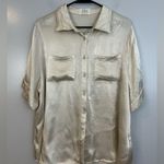 DISSH Satin Ivory Nude Button Down Short Sleeve Vacation Shirt Size 10 White Photo 0