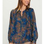 Skies Are Blue 💕💕Long-Sleeve Button-Down Blouse ~ Teal Mustard Print  NWT Photo 0