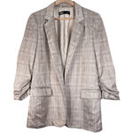 ZARA  Blazer Women's M Plaid Gray Faux Suede Ruched Sleeve Long Line Open Front‎ Photo 0