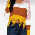 NWT Frayed Mustard Pink Brown Color Block Knit Cropped Sweater Size Medium Photo 3