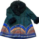 Penny Lane handpainted boho coat, mohair & leather mongolian fur shaggy collar,L Green Size L Photo 0