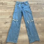 ZARA  High Rise Full Length Jeans Wide Leg Straight Distressed Ripped Knee Sz 2 Photo 2