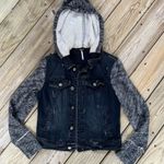 Free People Black Denim Trucker Jacket Hooded Distressed Knit Sleeves Size S Photo 0
