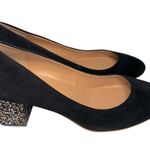 J.Crew  Women’s Size 7.5 Black Suede Bryn Glitter Block Slip On Round Toe Heels Photo 6
