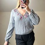Abercrombie: Striped Balloon Sleeve Floral Embroidered Long Sleeve Blouse Blue Size M Photo 0