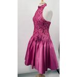 Vintage 80s Halter Fit & Flare Cocktail Dress Sequin Bodice Rosette Hot Pink 6 Photo 5