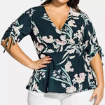 City Chic  Size S Plus 16 Fresh Fields Floral Wrap Top Blouse Cinch Sleeves Green Photo 0