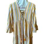 Blue Island  Beach Coverup Tropical Striped Mini Pullover Dress Tie Front Small Photo 0