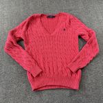 Ralph Lauren  Sport Women's Pony Logo Cable Knit V Neck Sweater Pink Large Preppy Photo 0