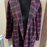 Maurice's  Open Front Blazer Long Line Navy Blue Red Plaid Business Casual Stretch Photo 0