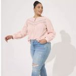 Torrid  Pink Cotton Clip Dot Lace Trim Long Sleeve Button Up Top Size 3X Photo 2