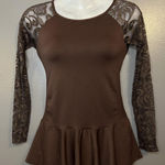 Ytongs Peplum Top Womens One Size Brown Lace Long Sleeve Mesh Sheer Boho Shirt Photo 0