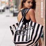 Victoria's Secret Victoria’s Secret Iconic Pink & Black Pinstripe Tote Bag Photo 1