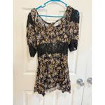 Free People Floral Mini Dress Lace Trim Puff Sleeve Tie Back Black Gold 4 Photo 1