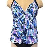 Tiered Swimsuit One Piece Fauxkini Watercolor Tummy Thinner 14 Blue Photo 0