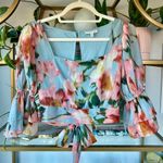 VICI Watercolor Floral Cropped Blouse with Open Tie Back Photo 0