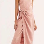 Free People At Leisure Midi Dress Wrap One Shoulder Linen Cotton Pink Sz Small Photo 0
