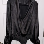 Olivaceous Black Satin Puff Sleeve Bodysuit Photo 0