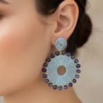 Round Denim Beaded Hoop Earrings Blue Dangle Drop Statement Earrings Photo 6