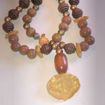 Bergere Vintage Wood Beaded Boho Leaf Pendant Karen Reed Necklace Brown Photo 2