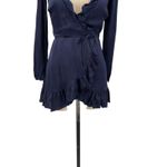Aritzia  Sunday Best Taro Wrap Dress Mini Ruffle‎ Satin Navy Blue Size 00 Photo 3