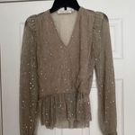Bishop and Young Tan Cream Sequin Ruffled Peplum Blouse Photo 2