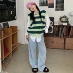 Korean Vintage Green Striped Knitted Sweater Vest Photo 1
