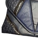 Vtg 1980s Navy Blue Croc Embossed Patchwork Leather Envelope Shoulder Bag Photo 3