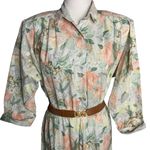Vintage 80s Button Front Shirt Dress M White Floral 3/4 Sleeve Shoulder Pads Size M Photo 1