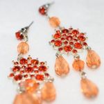 Retro Chic Orange On Orange Rhinestone/Bead Dangle/Drop Silver Tone Earrings Photo 1