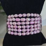 Silver Tone Multi Chain Lavender Dyed Baroque Pearls Enameled Stretch Bracelet Purple Photo 2