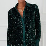 J. McLaughlin Barrett Sequin Shirt Emerald Green Velvet Satin Size Large NEW Photo 0